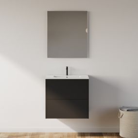 Meuble de salle de bain 60cm avec simple vasque - 2 tiroirs - noir - MONA