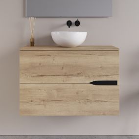 Meuble de salle de bain 60cm avec vasque à poser ronde - 2 tiroirs - roble halifax (chêne clair) - COME