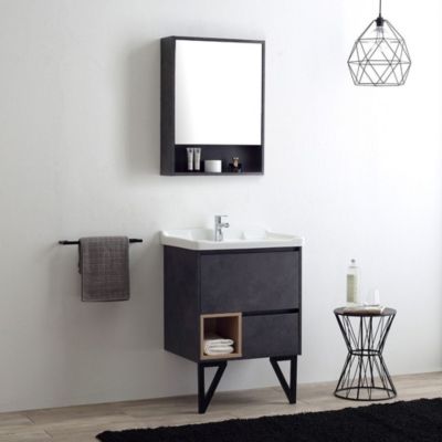 Meuble De Salle De Bain 60Cm Gris Industriel, Pieds En Acier Et Miroir De Rangement  - Vienna