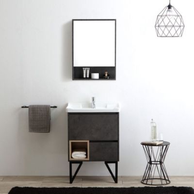 Meuble De Salle De Bain 60Cm Gris Industriel, Pieds En Acier Et Miroir De Rangement  - Vienna