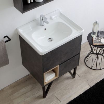 Meuble De Salle De Bain 60Cm Gris Industriel, Pieds En Acier Et Miroir De Rangement  - Vienna