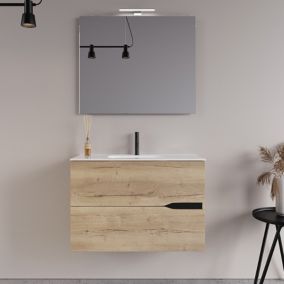 Meuble de salle de bain 60cm simple vasque - 2 tiroirs - roble halifax (chêne clair)  - COME