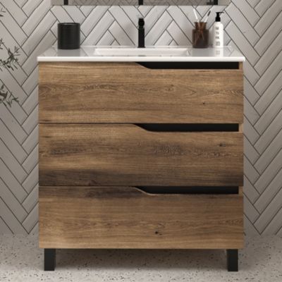 Meuble de salle de bain 60cm simple vasque - sans miroir - 3 tiroirs - tabaco (bois foncé) - MATA