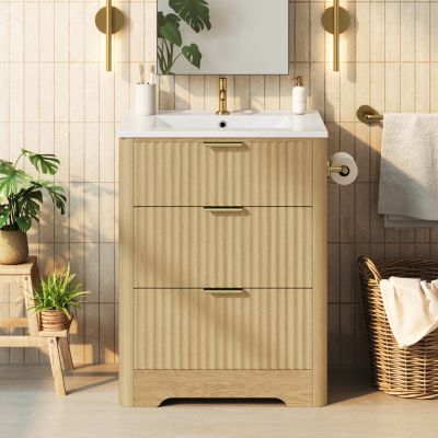 Meuble de salle de bain 61 cm avec vasque en céramique - 1 porte et 2 tiroirs - étagère latérale de porte - Blanc