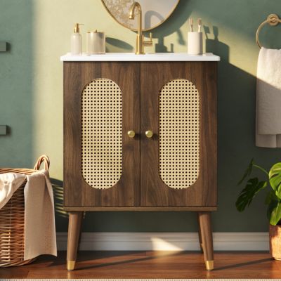 Meuble de salle de bain 61 cm avec vasque en céramique, sous-vasque sur pieds avec 2 portes en rotin, finition noyer - Marron