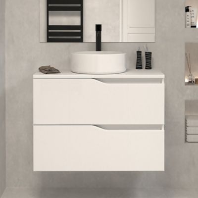 Meuble de salle de bain 70cm avec plateau et vasque à poser - 2 tiroirs - blanc - LUNA