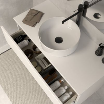 Meuble de salle de bain 70cm avec plateau et vasque à poser - 2 tiroirs - blanc - LUNA