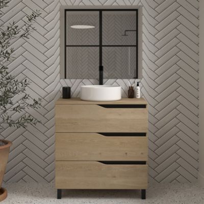 Meuble de salle de bain 70cm avec plateau et vasque à poser - 3 tiroirs - madera miel (bois clair) - MATA
