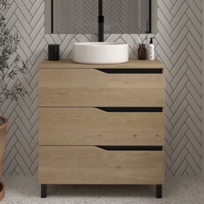 Meuble de salle de bain 70cm avec plateau et vasque à poser - 3 tiroirs - madera miel (bois clair) - MATA