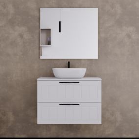 Meuble de salle de bain 70cm avec plateau et vasque à poser ovale - 2 tiroirs - blanc - PIA