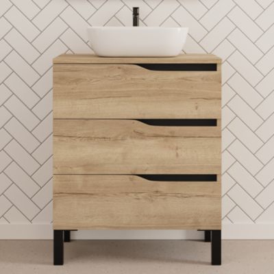 Meuble de salle de bain 70cm avec plateau et vasque à poser zeus - 3 tiroirs - sans miroir - madera miel (chêne clair) - MATA