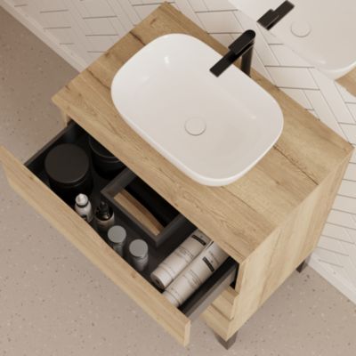 Meuble de salle de bain 70cm avec plateau et vasque à poser zeus - 3 tiroirs - sans miroir - madera miel (chêne clair) - MATA