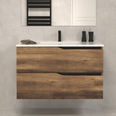 Meuble de salle de bain 70cm simple vasque - 2 tiroirs - sans miroir - tabaco (bois foncé) - LUNA