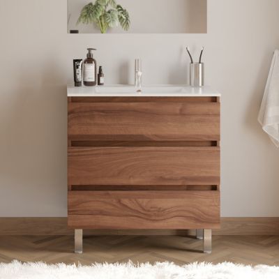 Meuble de salle de bain 70cm simple vasque - sans miroir - 3 tiroirs - noyer (bois foncé) - MAYOR