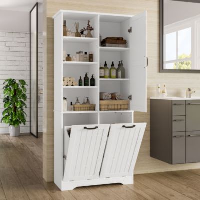 Meuble de salle de bain 78 x 35 x 172 cm - double panier à linge - 4 compartiments ouverts - 1 porte - blanc