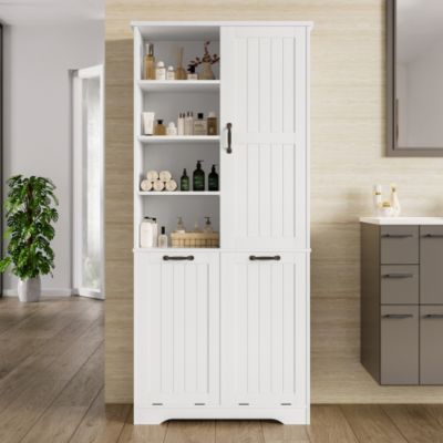 Meuble de salle de bain 78 x 35 x 172 cm - double panier à linge - 4 compartiments ouverts - 1 porte - blanc