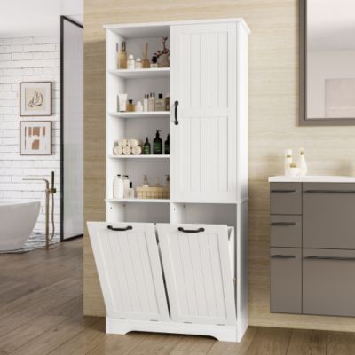 Meuble de salle de bain 78 x 35 x 172 cm - double panier à linge - 4 compartiments ouverts - 1 porte - blanc
