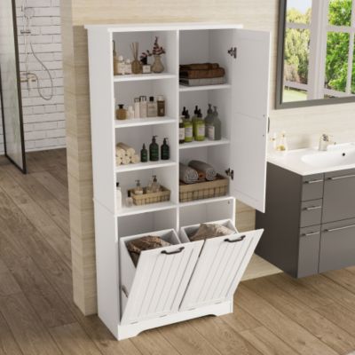Meuble de salle de bain 78 x 35 x 172 cm - double panier à linge - 4 compartiments ouverts - 1 porte - blanc