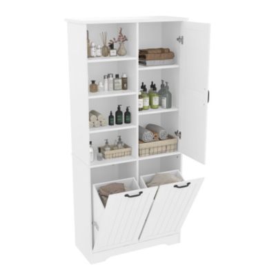 Meuble de salle de bain 78 x 35 x 172 cm - double panier à linge - 4 compartiments ouverts - 1 porte - blanc