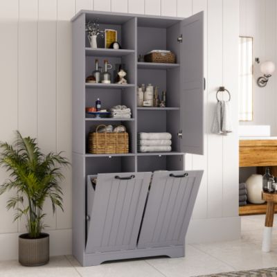 Meuble de salle de bain 78 x 35 x 172 cm - double panier à linge - 4 compartiments ouverts - 1 porte - gris