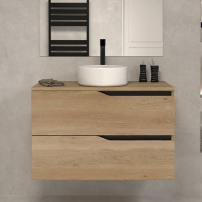 Meuble de salle de bain 80 avec plateau et vasque à poser - 2 tiroirs - madera miel (bois clair) - LUNA