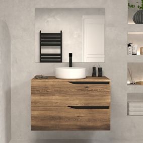 Meuble de salle de bain 80 avec plateau et vasque à poser - 2 tiroirs - tabaco (bois foncé) - LUNA