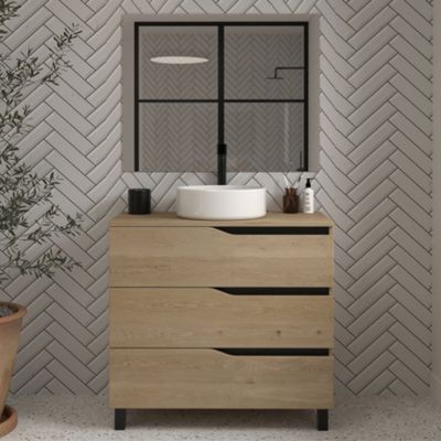 Meuble de salle de bain 80 avec plateau et vasque à poser - 3 tiroirs - madera miel (bois clair) - MATA