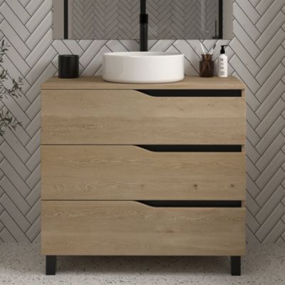 Meuble de salle de bain 80 avec plateau et vasque à poser - 3 tiroirs - madera miel (bois clair) - MATA
