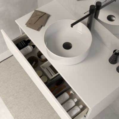 Meuble de salle de bain 80 avec plateau et vasque à poser - sans miroir - 2 tiroirs - blanc - LUNA