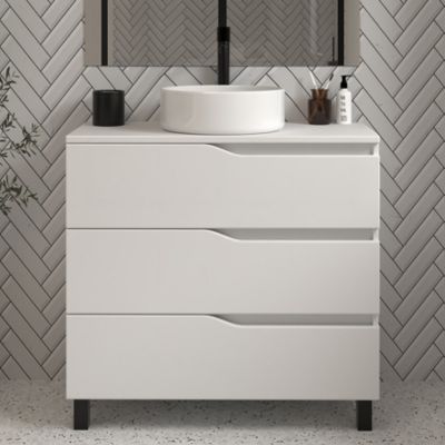 Meuble de salle de bain 80 avec plateau et vasque à poser - sans miroir - 3 tiroirs - blanc - MATA