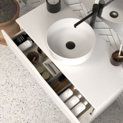 Meuble de salle de bain 80 avec plateau et vasque à poser - sans miroir - 3 tiroirs - blanc - MATA