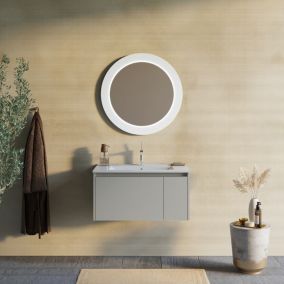 Meuble de salle de bain 80 cm beige sable avec miroir rond illuminé led - monaco