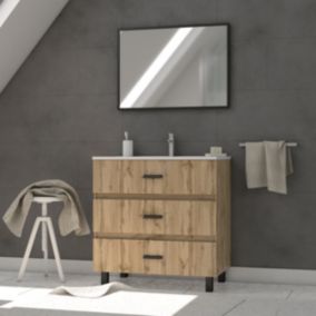 Meuble de salle de bain 80 cm - Chêne industriel - 3 Tiroirs - Vasque et Miroir