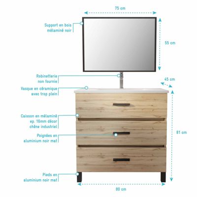 Meuble de salle de bain 80 cm - Chêne industriel - 3 Tiroirs - Vasque et Miroir