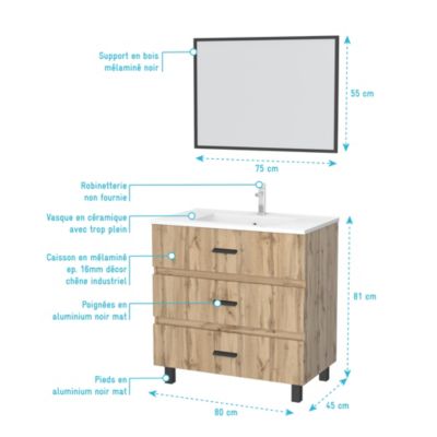 Meuble de salle de bain 80 cm - Chêne industriel - 3 Tiroirs - Vasque et Miroir