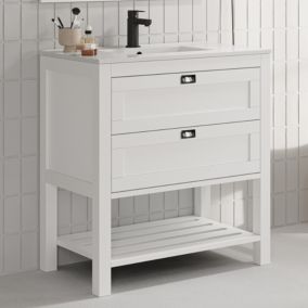 Meuble de salle de bain 80 cm simple vasque - pin massif - 2 tiroirs - sans miroir - PYLA - blanc