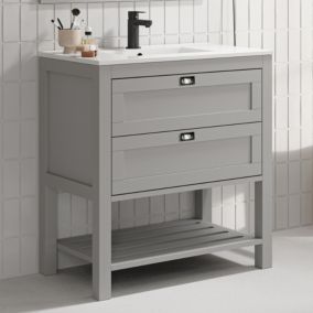 Meuble de salle de bain 80 cm simple vasque - pin massif - 2 tiroirs - sans miroir - PYLA - gris