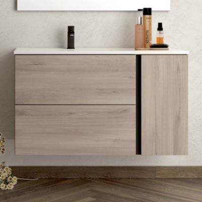 Meuble de salle de bain 80 cm vasque déportée - 2 tiroirs - sans miroir - PRADO - oak (chêne brut)