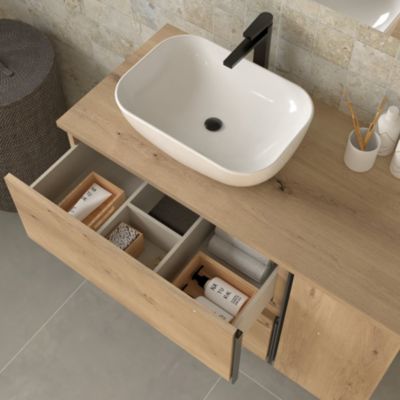 Meuble de salle de bain 80 cm vasque déportée - 2 tiroirs - sans miroir - PRADO - oak (chêne brut)