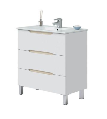 Meuble de salle de bain 80cm avec 3 tiroirs sans poignée coloris blanc  - Longueur 80 x Profondeur 45 x Hauteur 86 cm