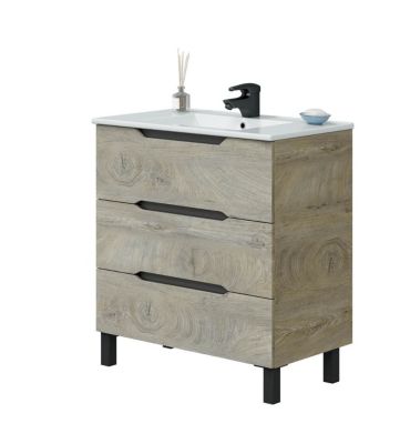 Meuble de salle de bain 80cm avec 3 tiroirs sans poignée coloris chêne à nœuds - Longueur 80 x Profondeur 45 x Hauteur 86 cm
