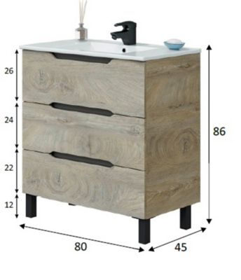 Meuble de salle de bain 80cm avec 3 tiroirs sans poignée coloris chêne à nœuds - Longueur 80 x Profondeur 45 x Hauteur 86 cm