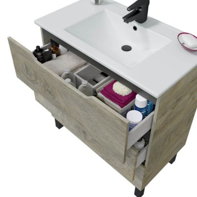 Meuble de salle de bain 80cm avec 3 tiroirs sans poignée coloris chêne à nœuds - Longueur 80 x Profondeur 45 x Hauteur 86 cm