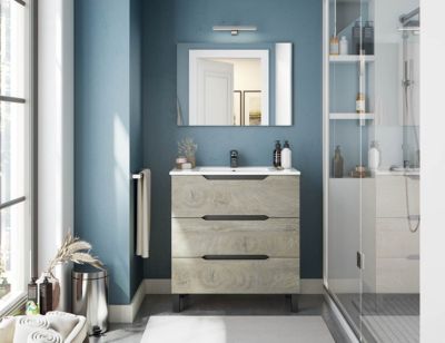 Meuble de salle de bain 80cm avec 3 tiroirs sans poignée coloris chêne à nœuds - Longueur 80 x Profondeur 45 x Hauteur 86 cm