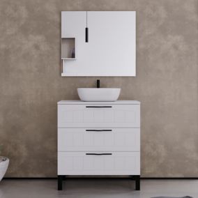 Meuble de salle de bain 80cm avec plateau et vasque à poser ovale - 3 tiroirs - blanc - CALA