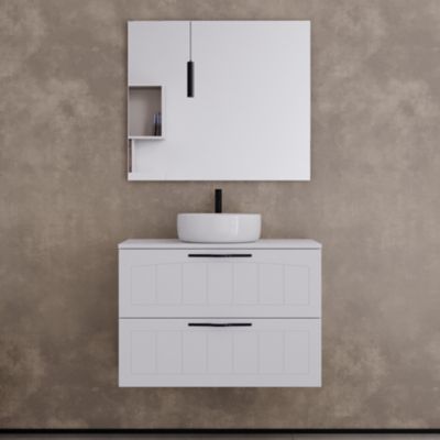 Meuble de salle de bain 80cm avec plateau et vasque à poser ronde - 2 tiroirs - sans miroir - blanc - PIA