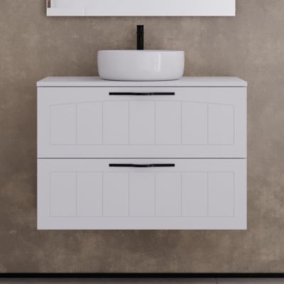 Meuble de salle de bain 80cm avec plateau et vasque à poser ronde - 2 tiroirs - sans miroir - blanc - PIA