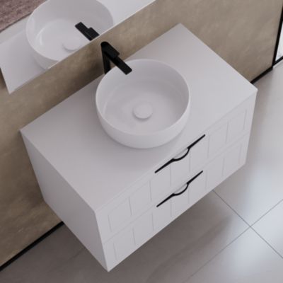 Meuble de salle de bain 80cm avec plateau et vasque à poser ronde - 2 tiroirs - sans miroir - blanc - PIA