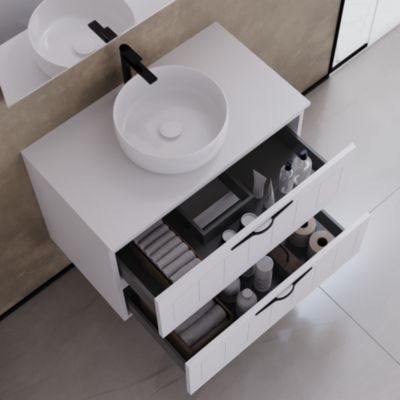 Meuble de salle de bain 80cm avec plateau et vasque à poser ronde - 2 tiroirs - sans miroir - blanc - PIA