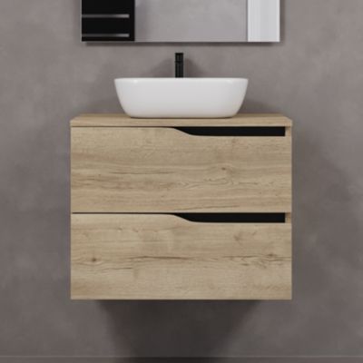 Meuble de salle de bain 80cm avec plateau et vasque à poser zeus - 2 tiroirs - sans miroir - madera miel (chêne clair) - LUNA